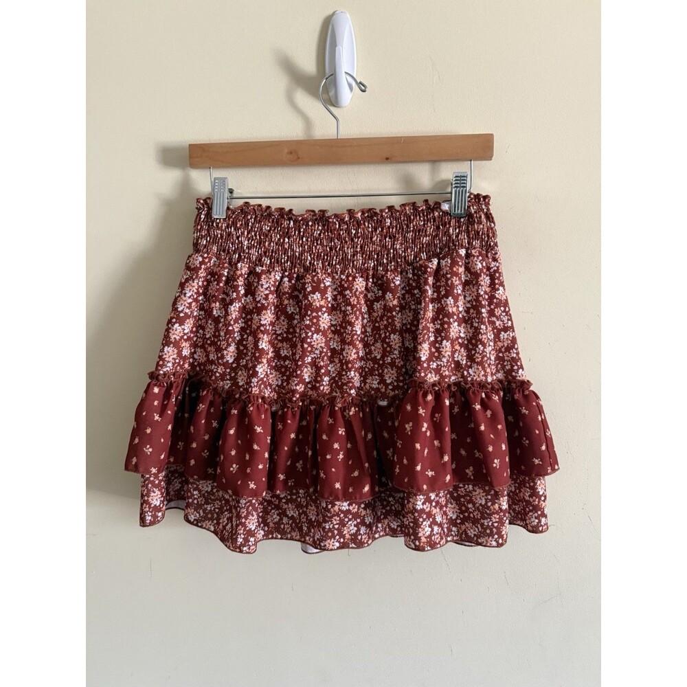Alter'd State Floral Smocked Tiered‎ Mini Skirt- Size XL Built In Shorts Brown